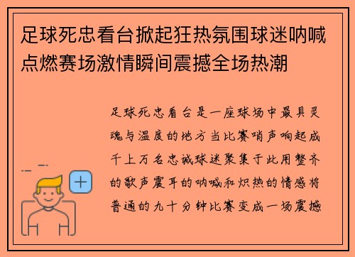足球死忠看台掀起狂热氛围球迷呐喊点燃赛场激情瞬间震撼全场热潮